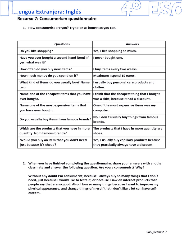 Recurso 7 - Consumerism Questionnaire | PDF | Self-Improvement | Lifestyle