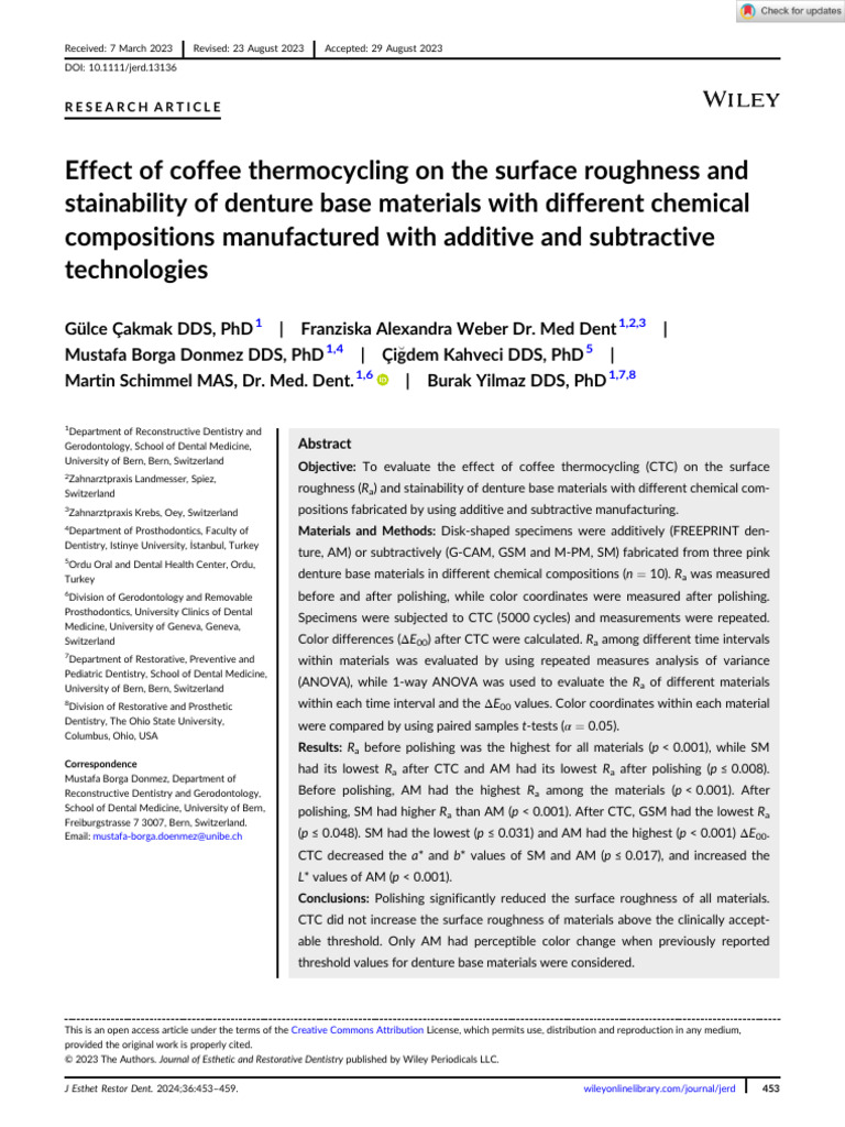 J Esthet Restor Dent 2023 Çakmak Effect of Coffee Thermocycling On The Surface Roughness