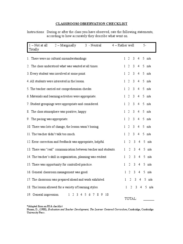 Classroom Observation Checklist | PDF | Classroom | Teachers