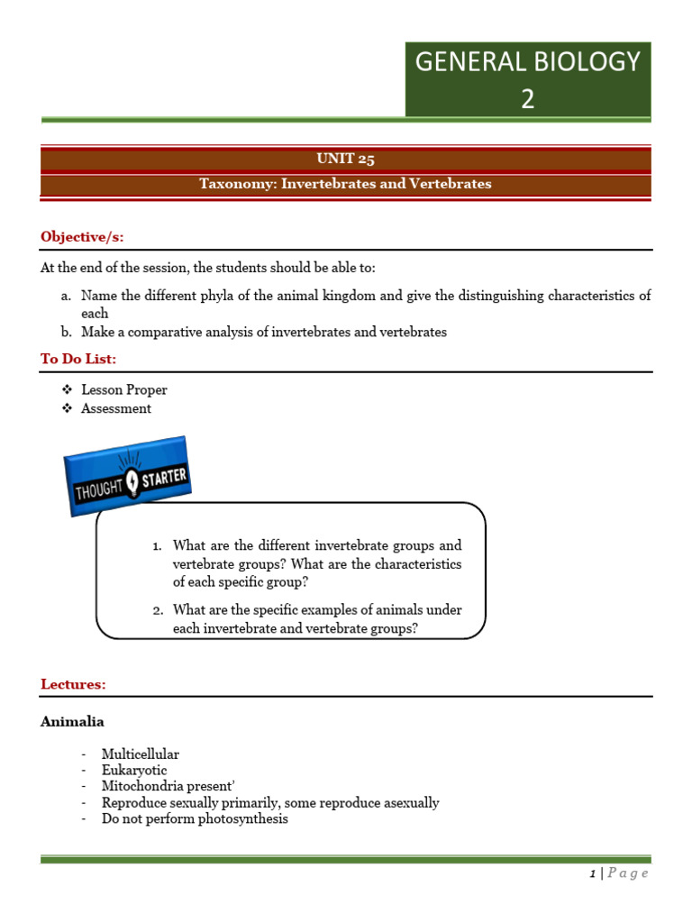 Unit 25 Taxonomy Invertebrates And Vertebrates Pdf Photo Inspiration