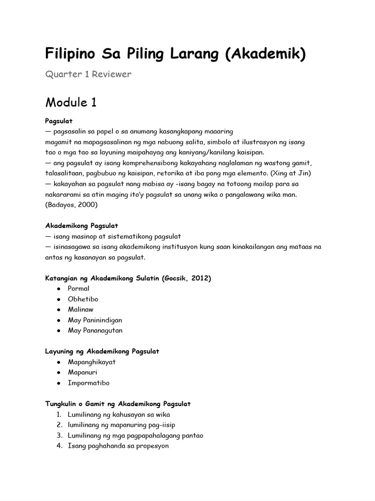 Filipino Sa Piling Larang Akademik Reviewer | PDF
