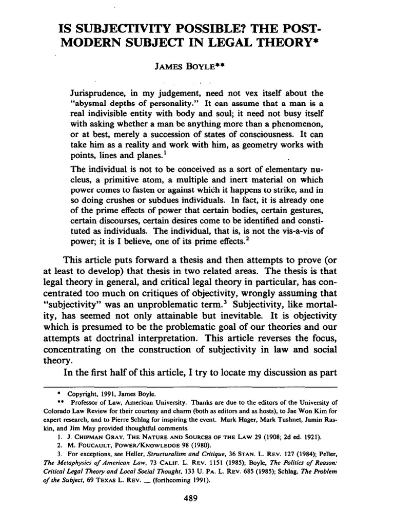 Is Subjectivity Possible - The Post-Modern Subject in Legal Theory | PDF