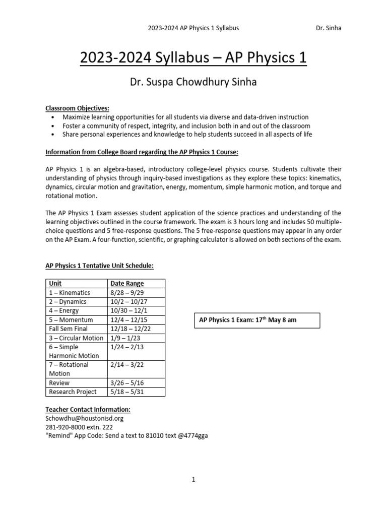 2023 2024 sinha ap physics 1 syllabus pdf