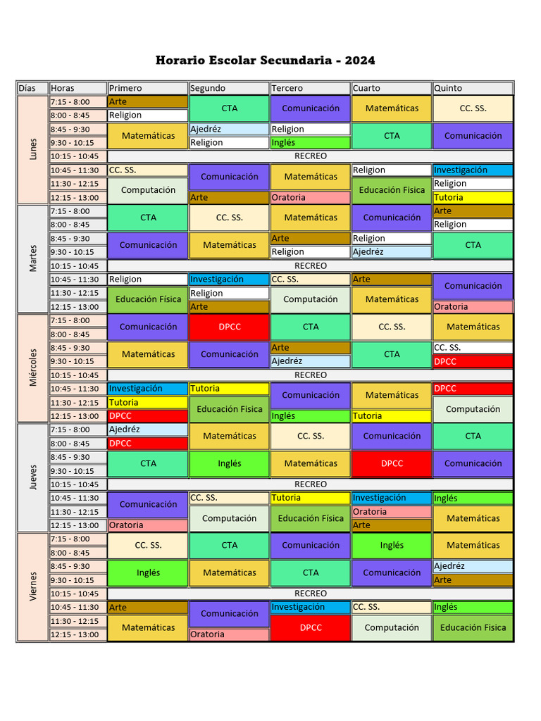 Horario Clases Secundaria 2024 | PDF