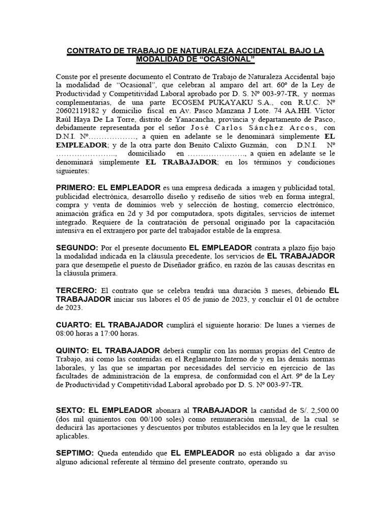 Contrato de Trabajo Ocasional 2023 | PDF | Derecho laboral | Economias