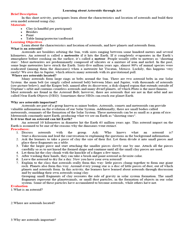 Learning About Asteroids Through Art Pdf Asteroid Meteoroid