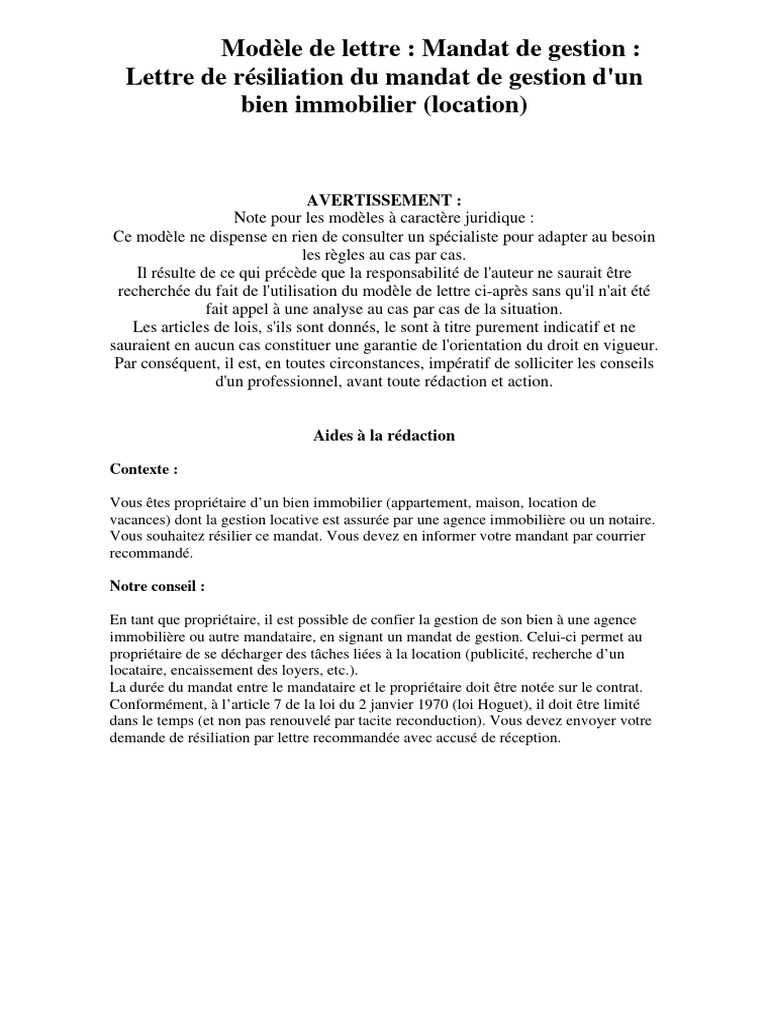 Courrier Resiliation Mandat de Gestion PDF