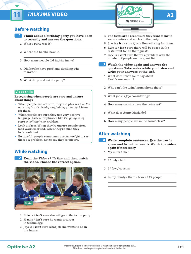 OPT A2 T2M Unit 11 Worksheet | PDF