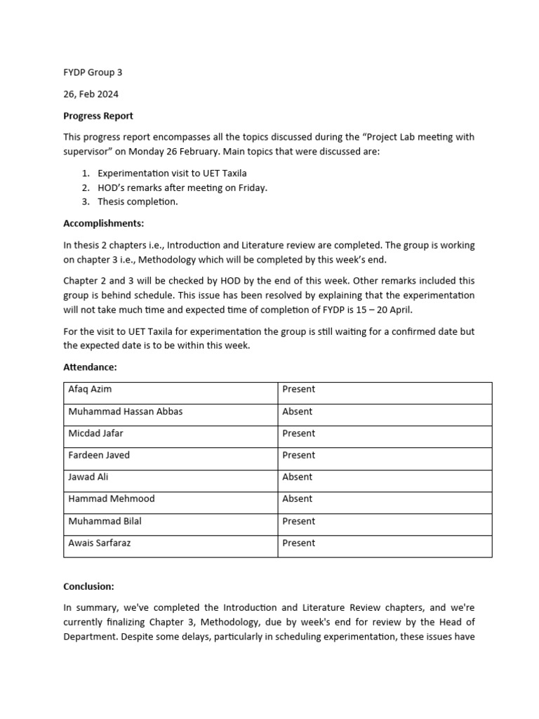 FYDP Group 3 Progress Report Summary | PDF