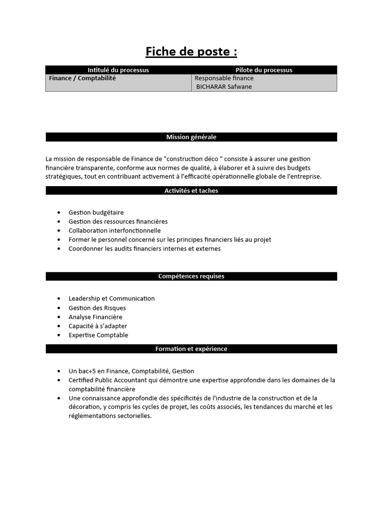 Fiche de poste : Responsable Finance | PDF | Comptabilité | Business