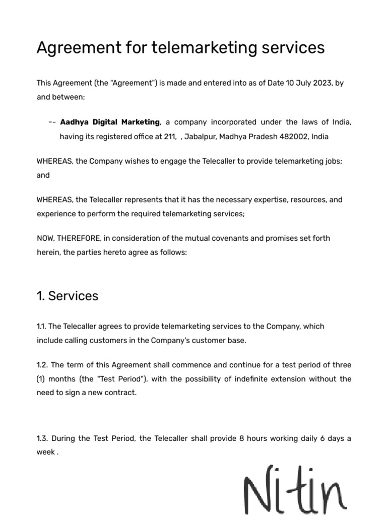 Telemarketing Services Agreement | PDF | Employment | Confidentiality