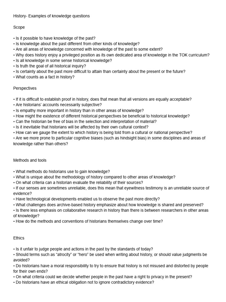 History - Examples of Knowledge Questions | PDF | Knowledge | Historian