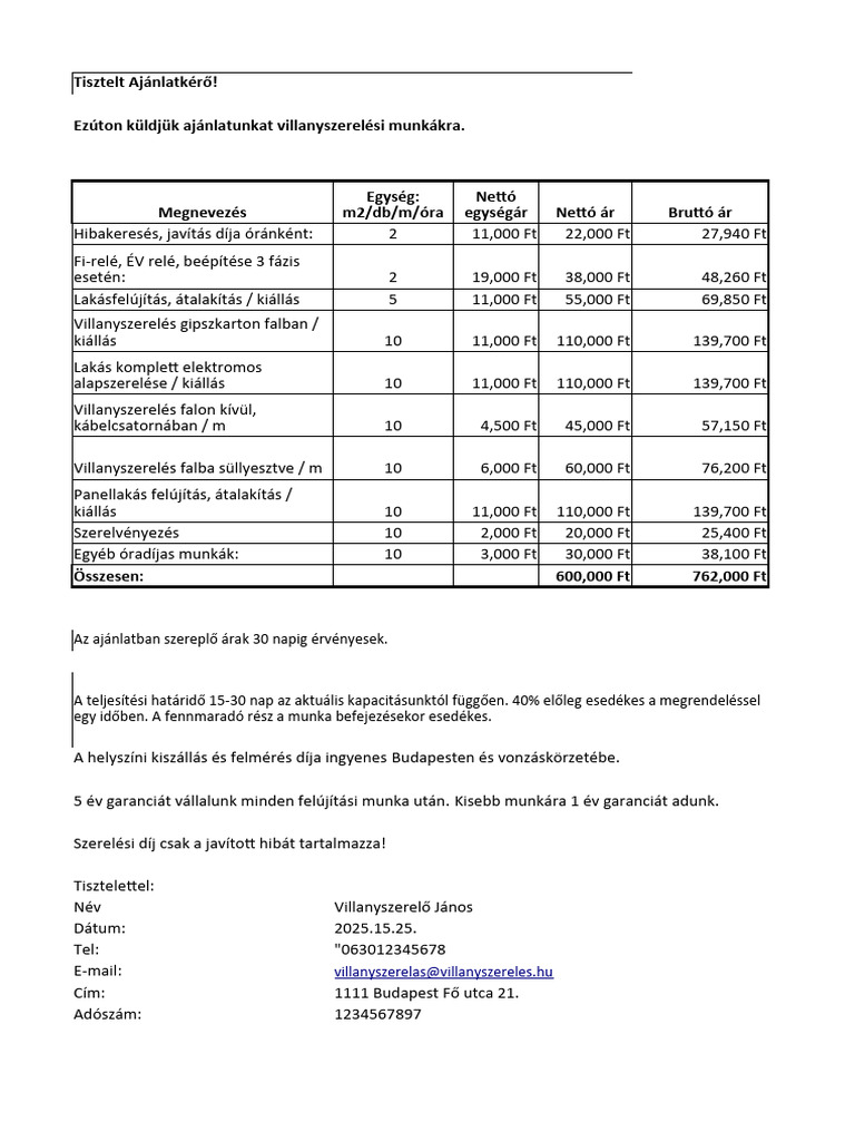Villanyszereles Arajanlat Minta 2 | PDF