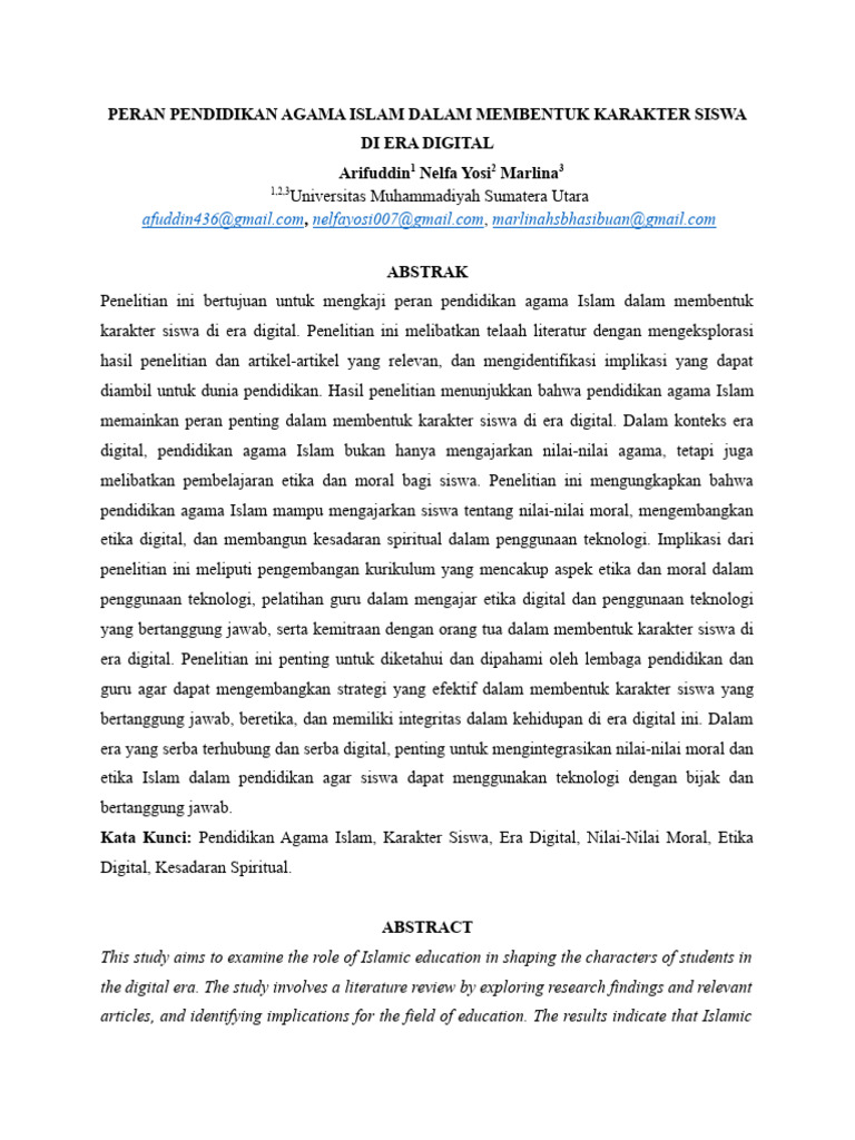 Peran Pendidikan Agama Islam Dalam Membentuk Karakter Siswa Di Era