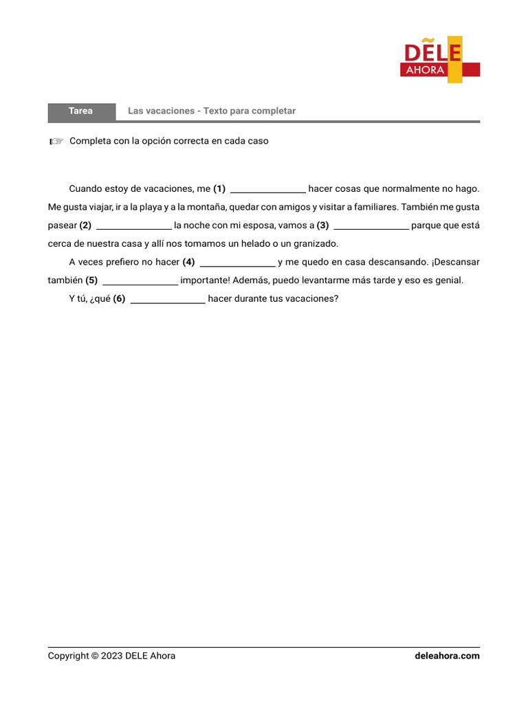 Las Vacaciones Texto Para Completar Pdf