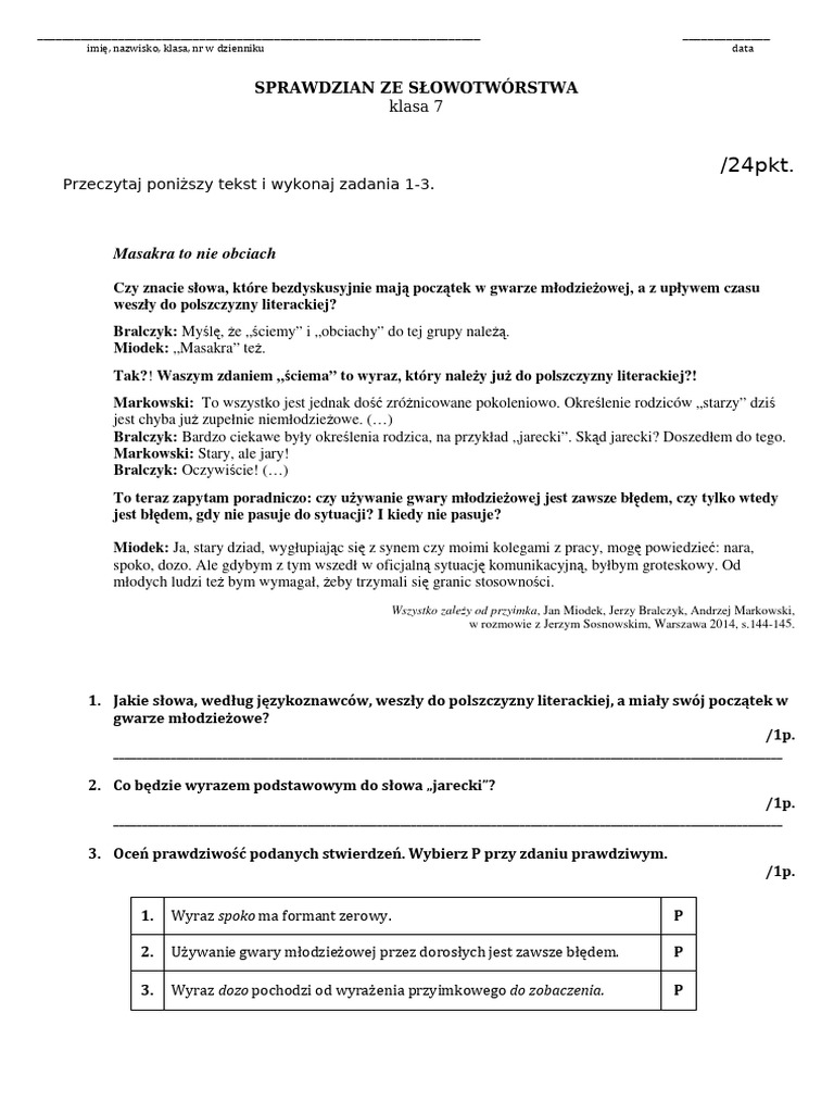 Sprawdzian Ze Słowotwórstwa Klasa 7 Z Odpowiedziami