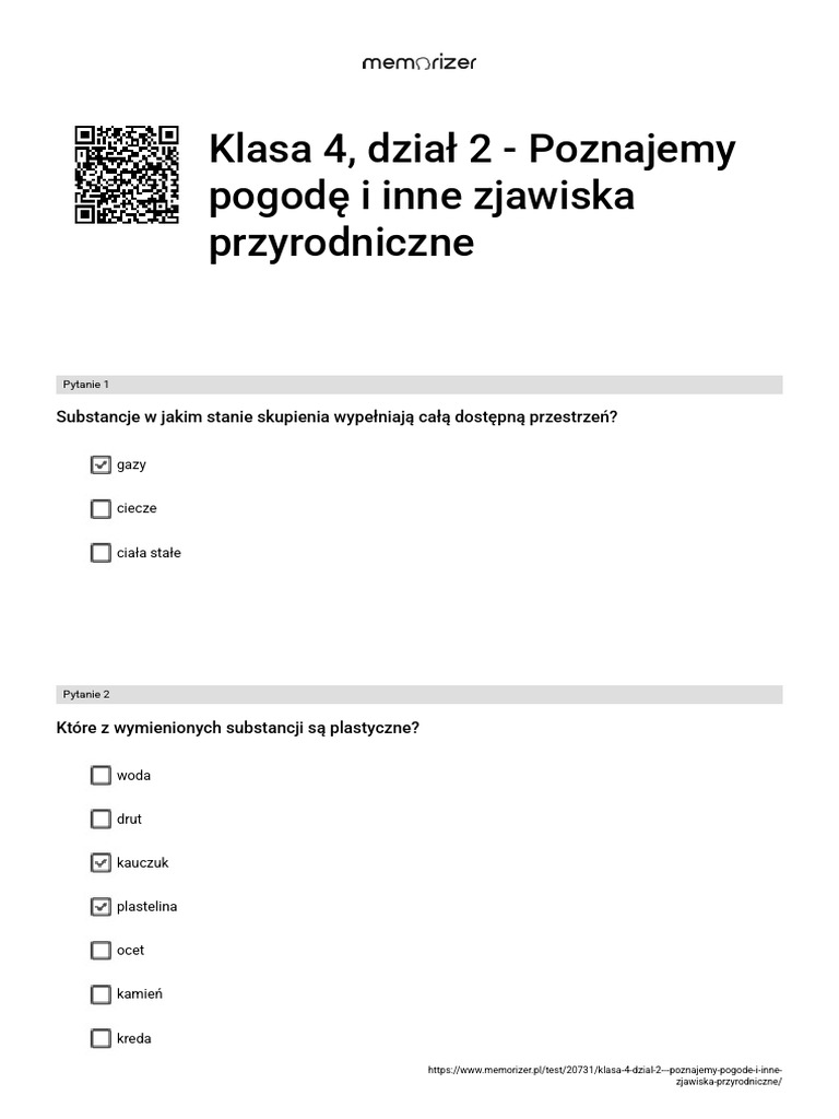 Test Przyroda Klasa 4 Poznajemy Pogodę I Inne Zjawiska Przyrodnicze