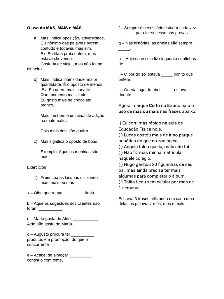 Uso de Mas, Mais e Más: Exercícios Práticos | PDF