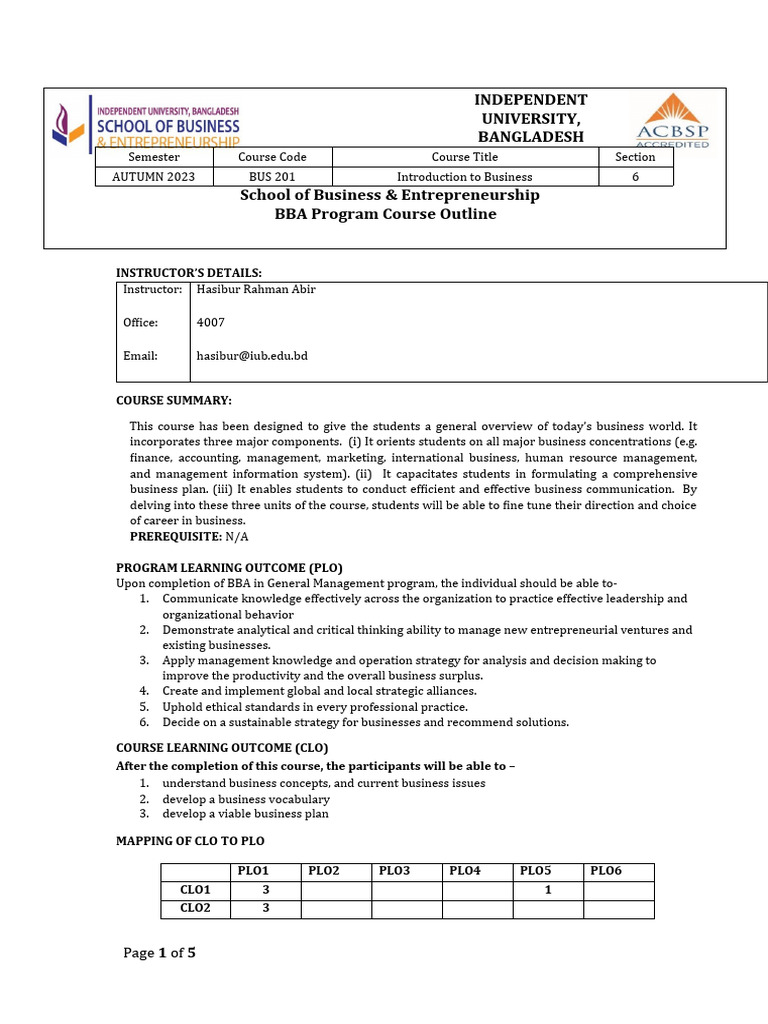 BBA Introduction to Business Course Outline | PDF | Academic Dishonesty ...