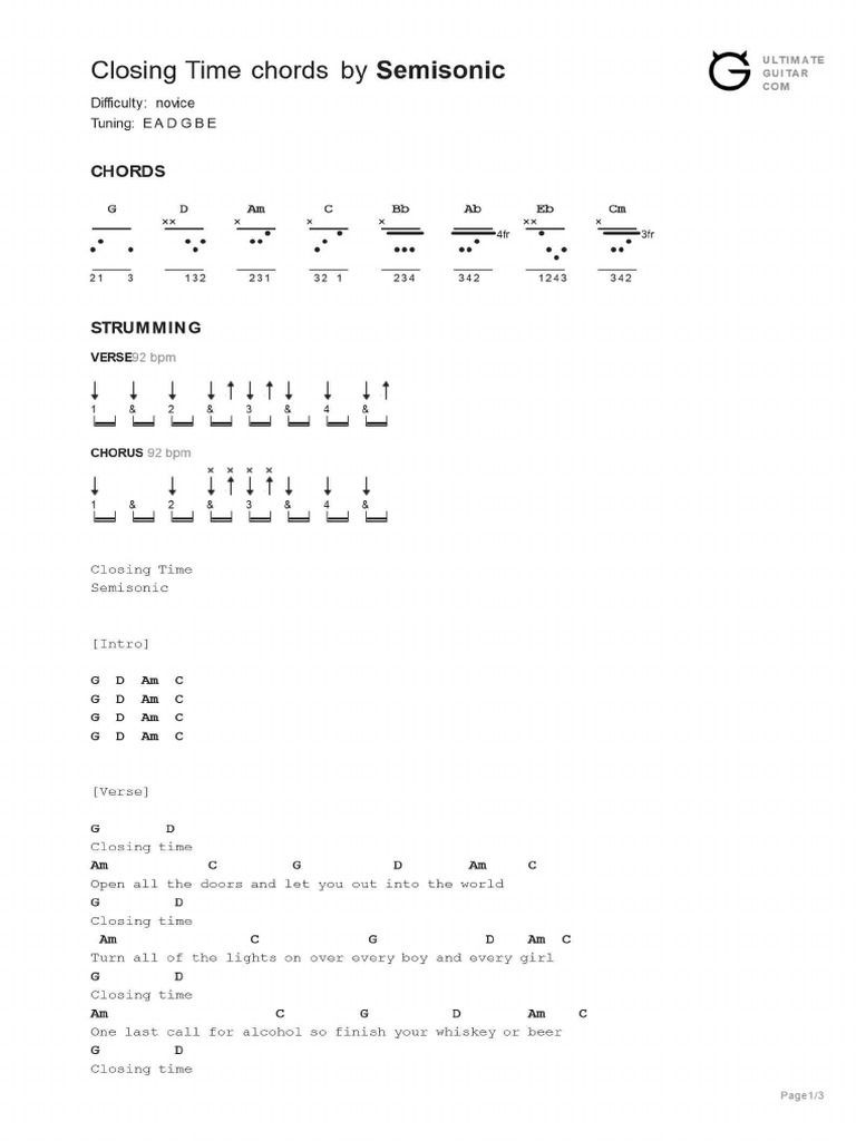 Closing Time Chords PDF