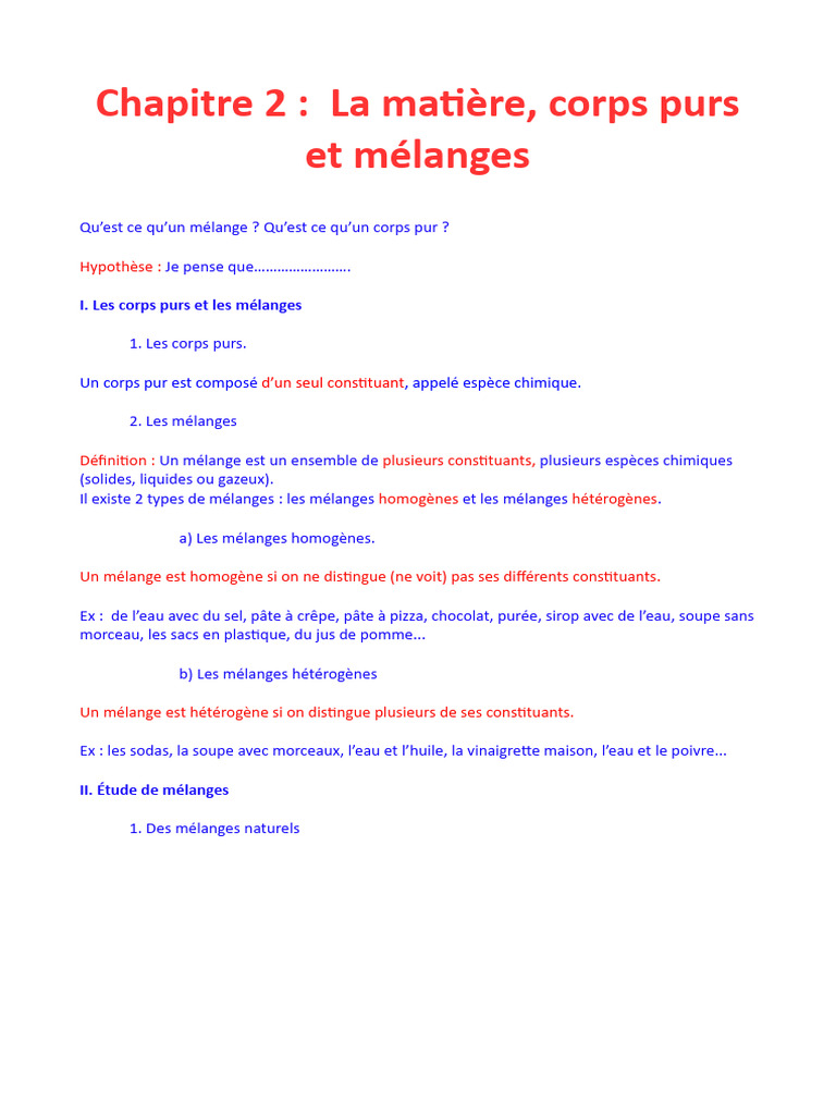 Corps purs et mélanges en 6ème | PDF | Homogénéité et Hétérogénéité ...