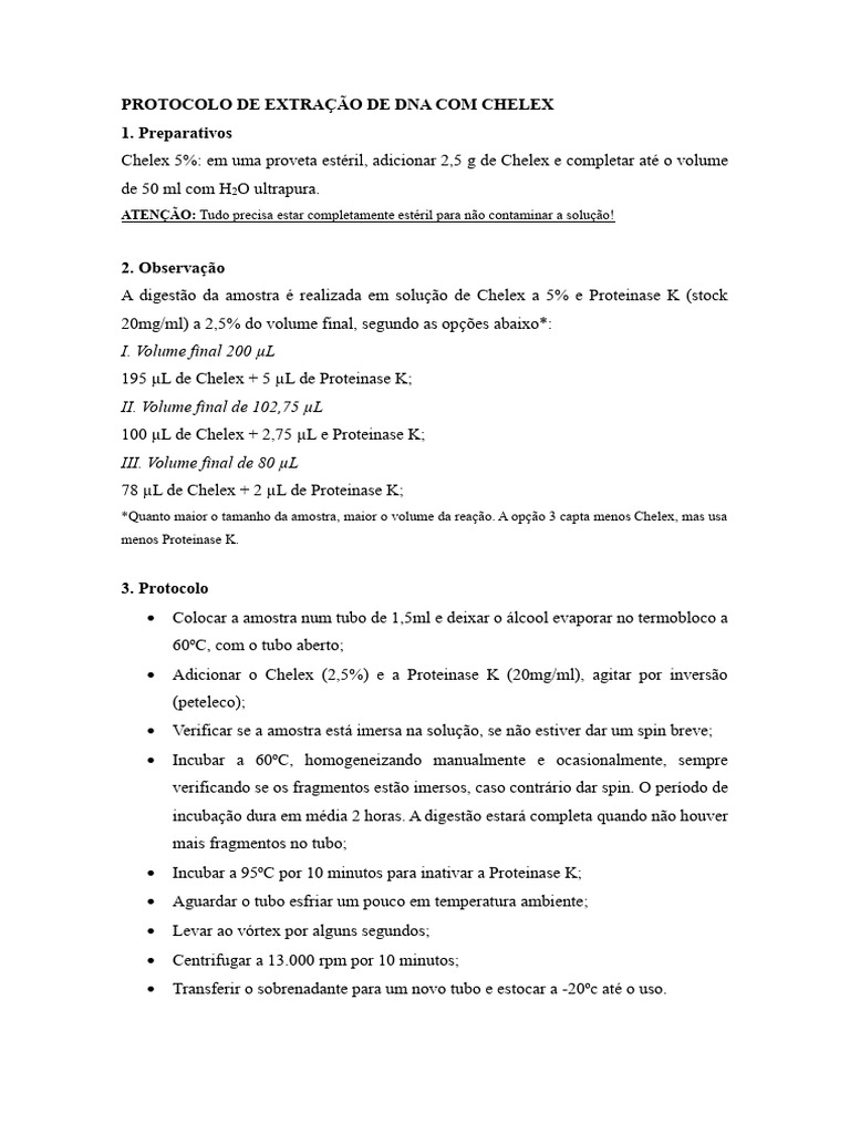 Protocolo de Extração de DNA com Chelex | PDF