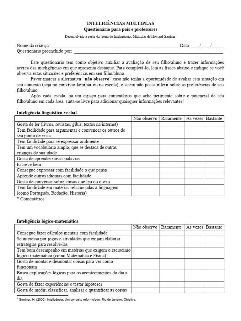 SD - Inteligências Múltiplas (Pais e Professores) | PDF