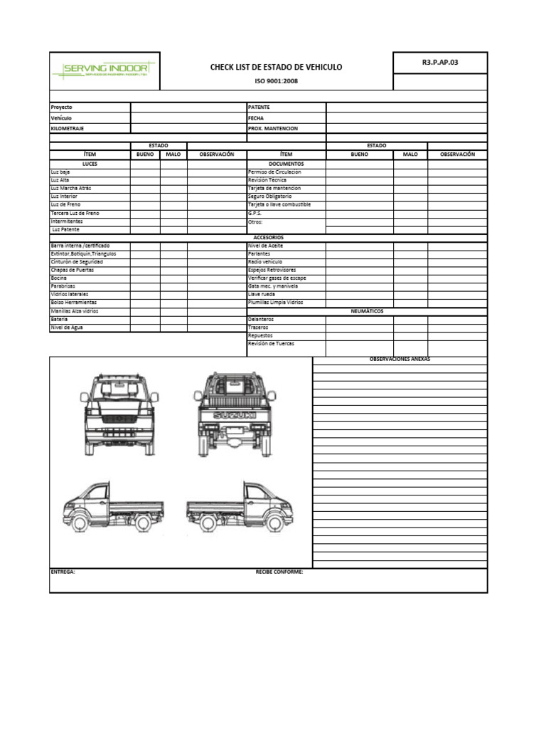 R3.P.AP.02 Check List Estado Vehiculo Suzuki Pick Up | PDF | Estilos de ...