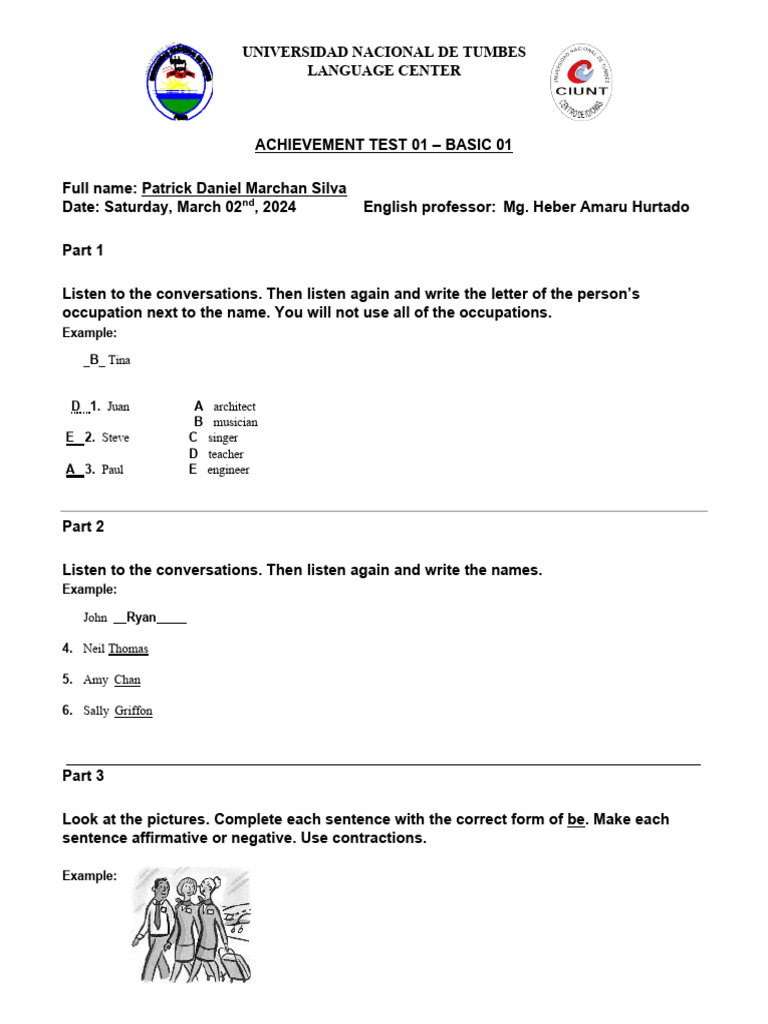 Basic English Achievement Test 01 | PDF