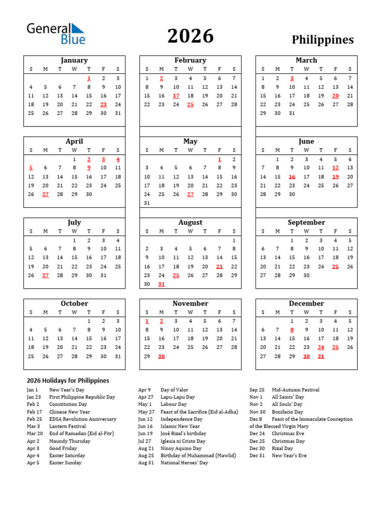 2026 Philippine Calendar with Holidays | PDF | Observances | Festival