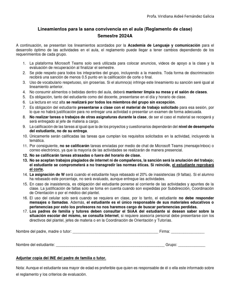 Lineamientos para La Sana Convivencia en El Aula Semestre 2024A | PDF