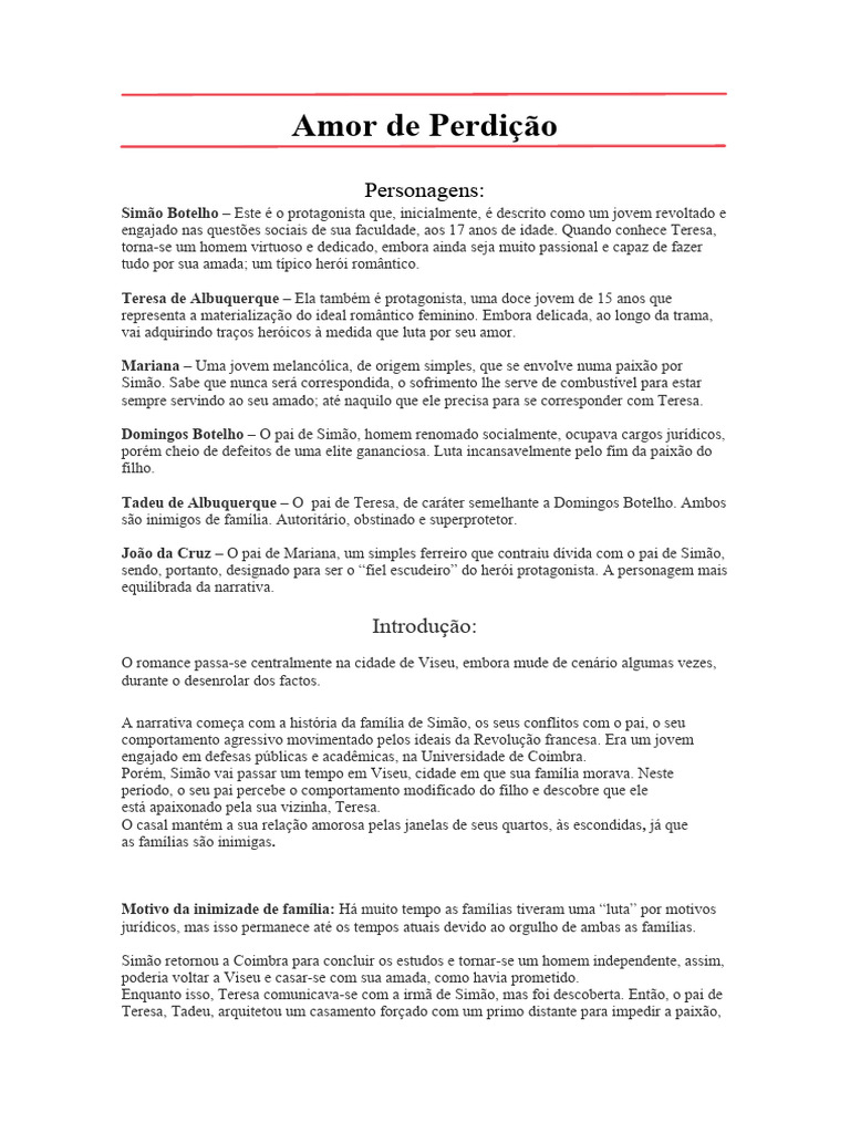 Amor de Perdição: Tragédia Romântica | PDF