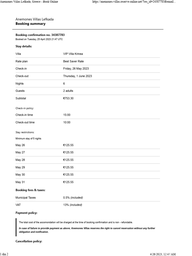 VIP Villa Booking Confirmation | PDF | Credit Card | Government Finances