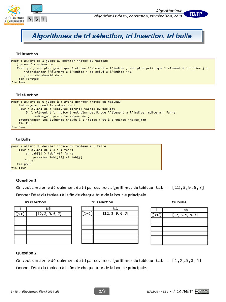 Algorithmes de tri : insertion, sélection, bulle | PDF | Mathématiques ...