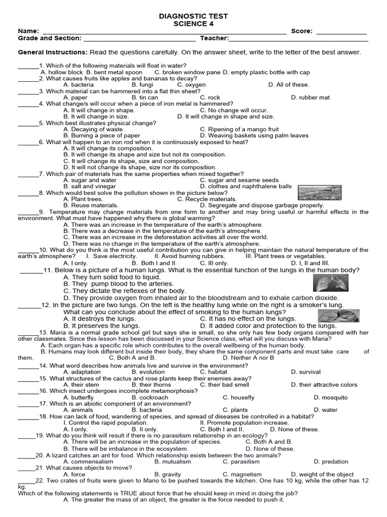 Diagnostic Test Science 4 | PDF | Water | Rain
