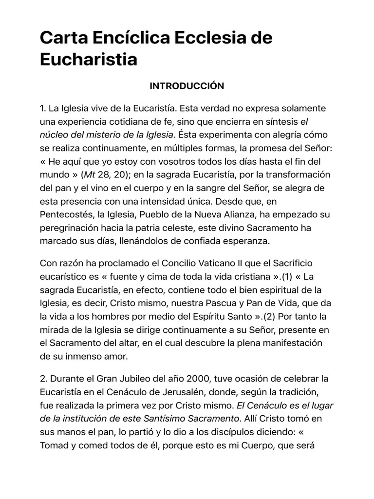 Carta Encíclica Ecclesia de Eucharistia PDF eucaristía Cristo