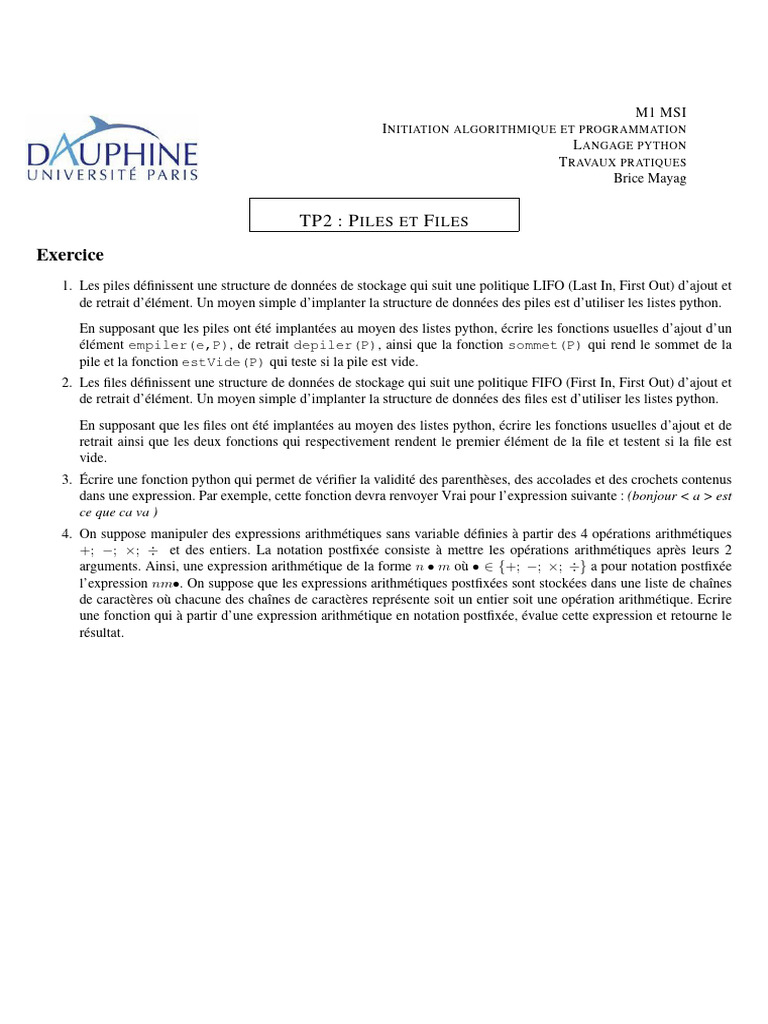 Piles et Files en Python : TP2 | PDF | Python (Langage de programmation ...