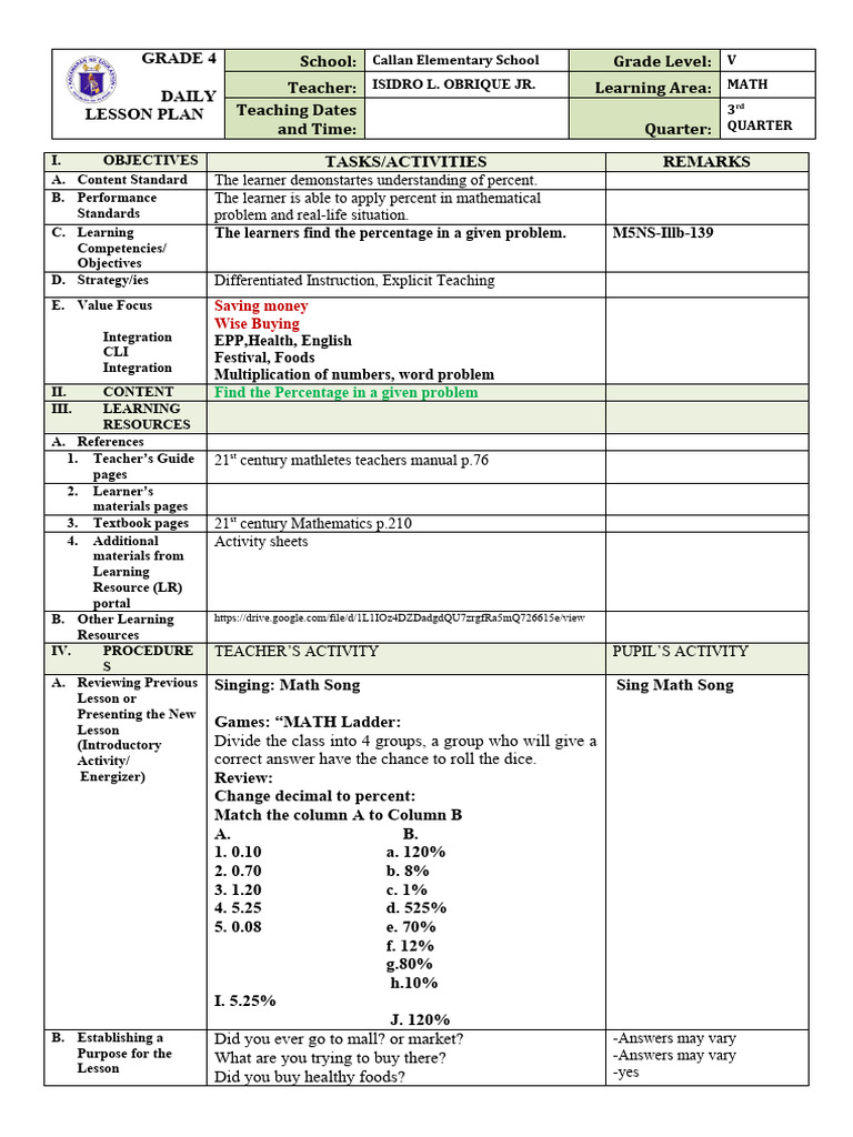 Grade 4 Math Lesson Plan: Percentages | PDF | Learning | Behavior ...
