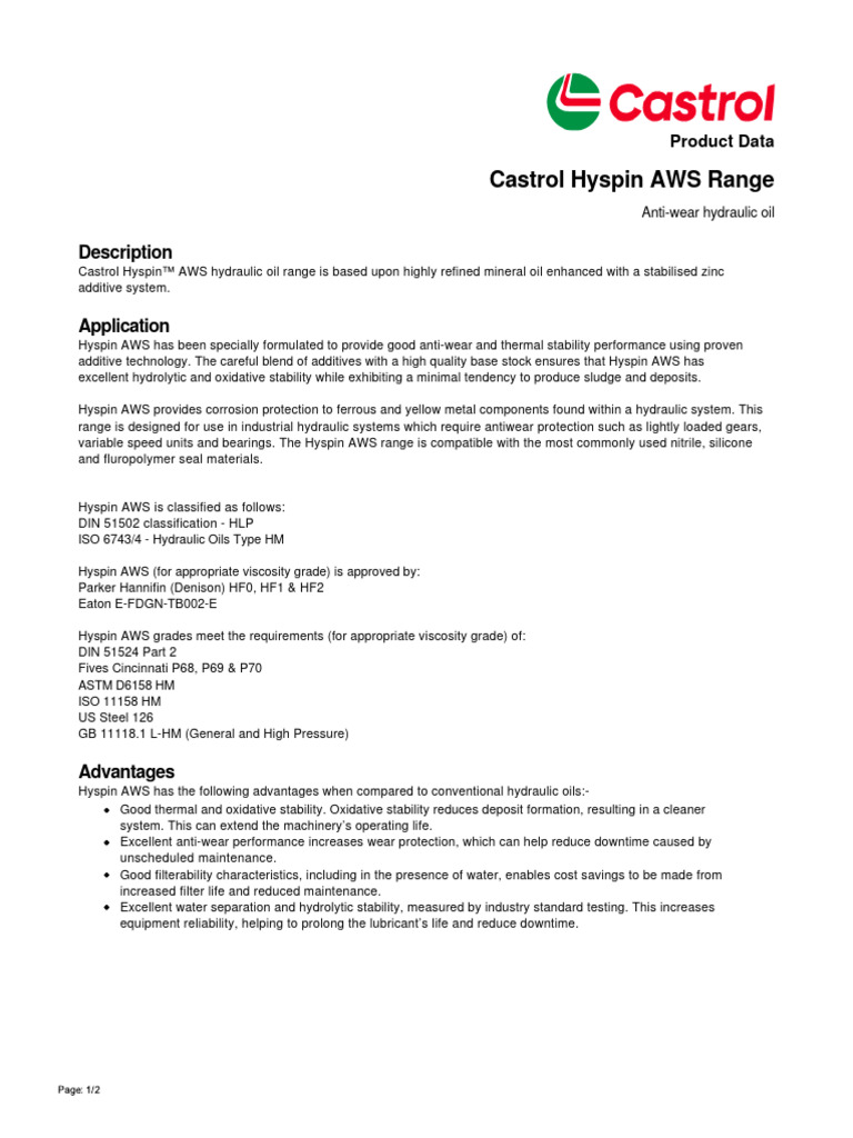 Ficha Tecnica Castrol Hyspin AWS Range | PDF | Information | Physical ...