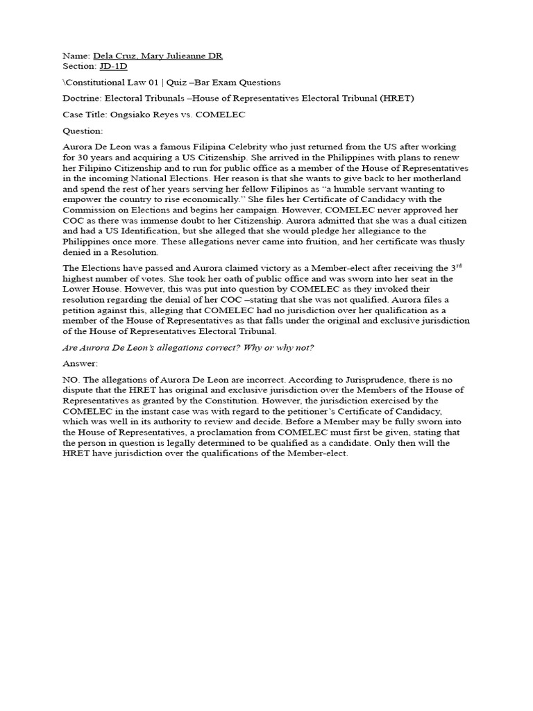 Ongsiako reyes v comelec bar question pdf commission on elections