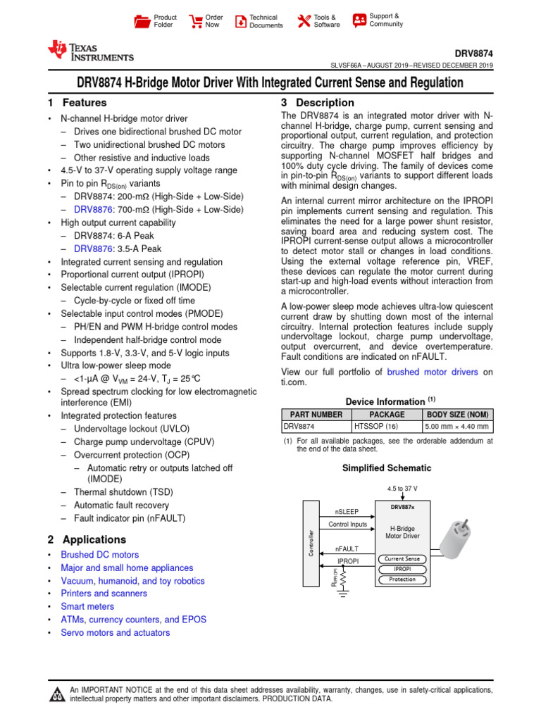 DRV8874 H-Bridge Motor Driver Overview | PDF | Electric Motor ...