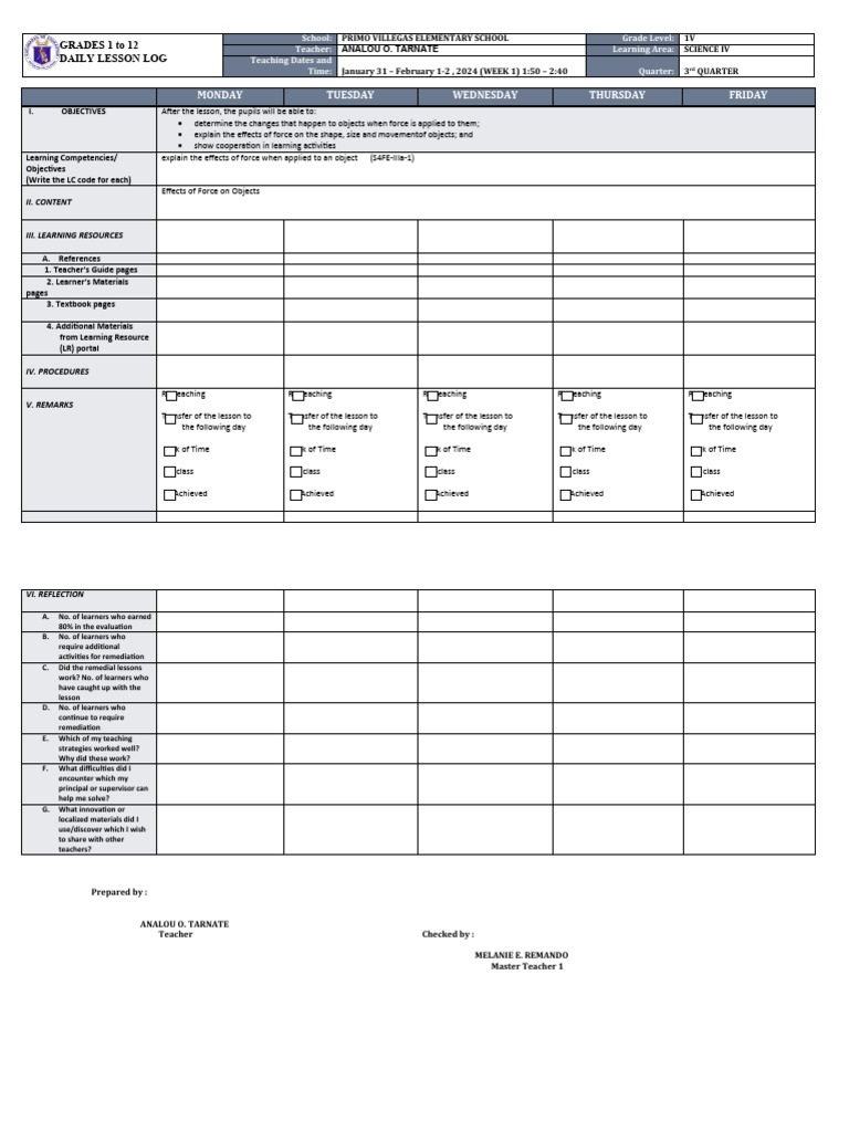 Science IV Daily Lesson Log | PDF | Teachers | Teaching