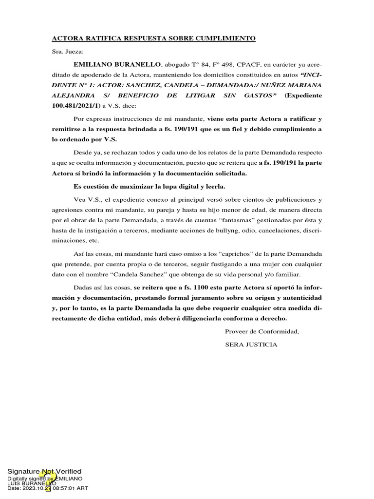 Actora Reafirma Cumplimiento Legal | PDF | Justicia | Crimen y violencia