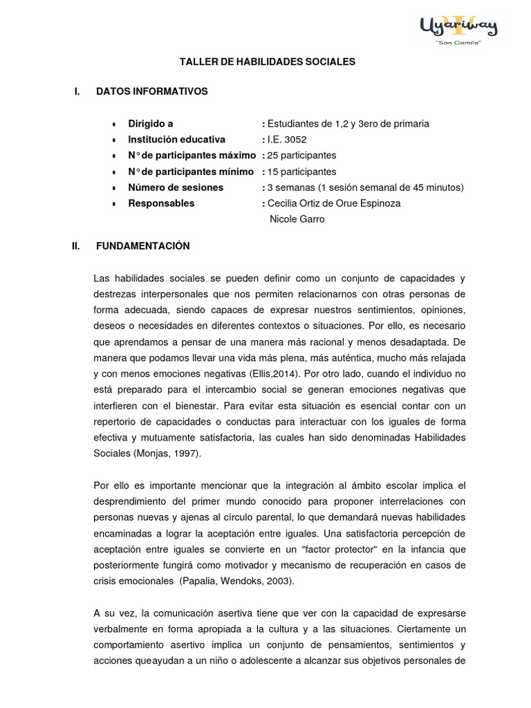 Taller de Habilidades Sociales en I.E. 3052 | PDF | Las emociones ...