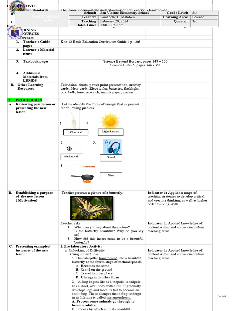 Energy Transformation Lesson Plan | PDF