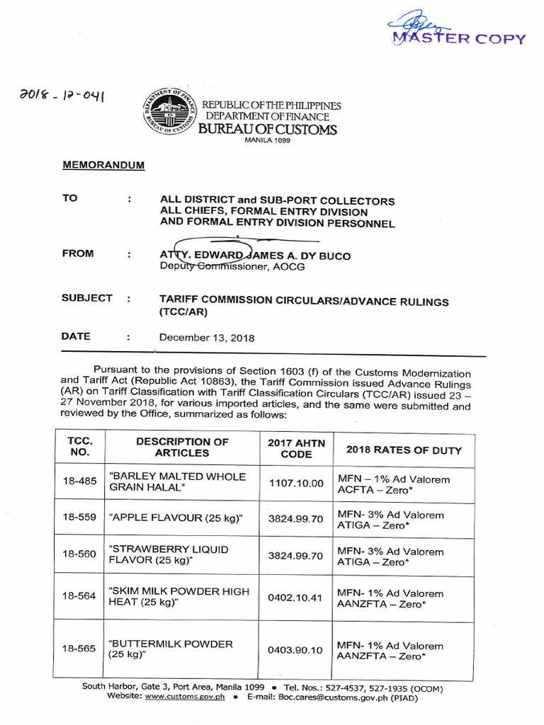 Mem-2018-12-041 Tariff Commission Circulars Advance Rulings | PDF