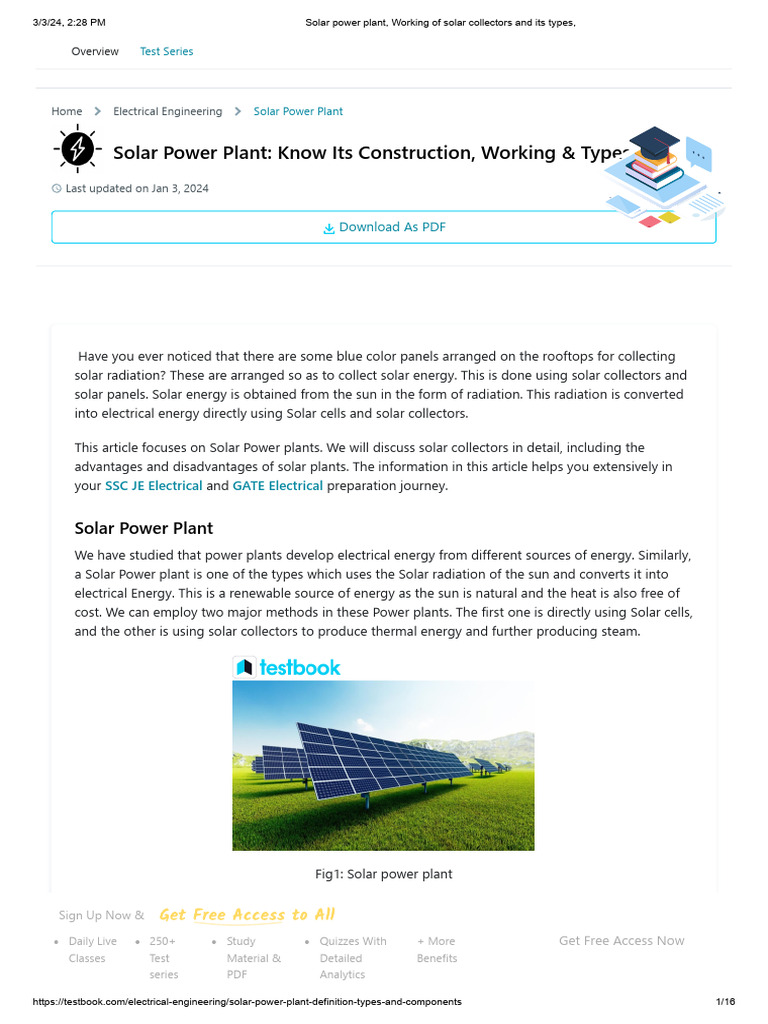 Solar power plant, Working of solar collectors and its types, | PDF ...