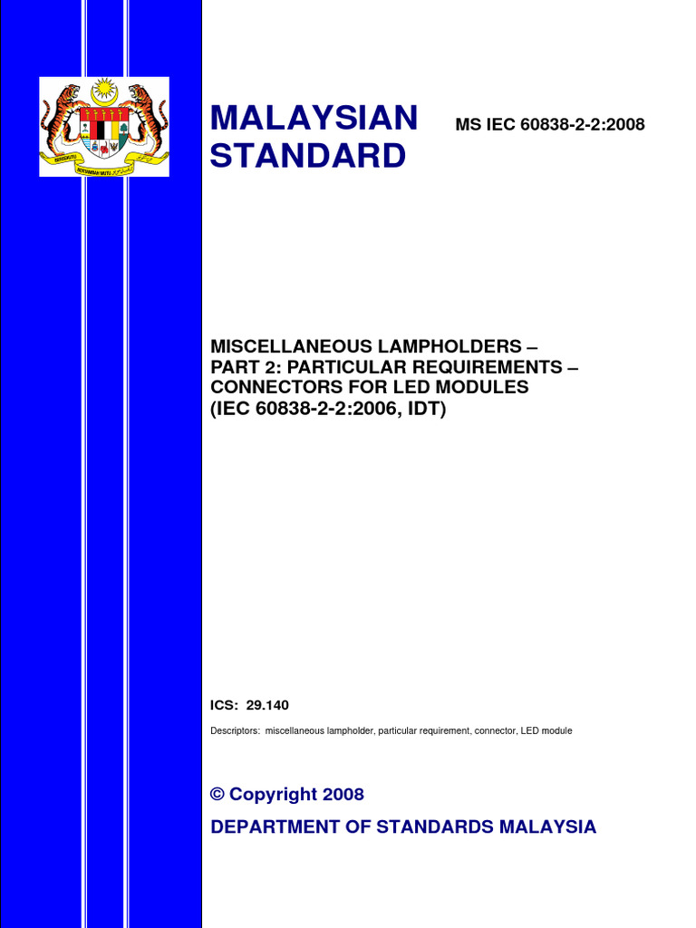 MS Iec 60838-2-22008 Miscellaneous Lampholders - Part 2 Particular ...