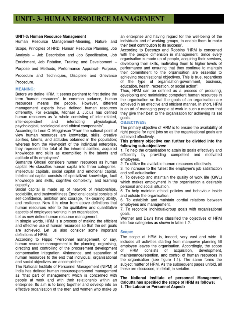 Unit 3 Notes Human Resource Management Pdf Performance