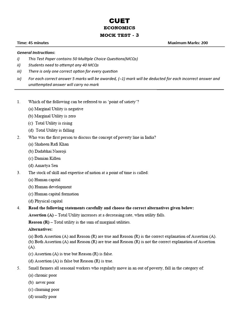 Mock Test 3 - Economics, CUET (5805) | PDF